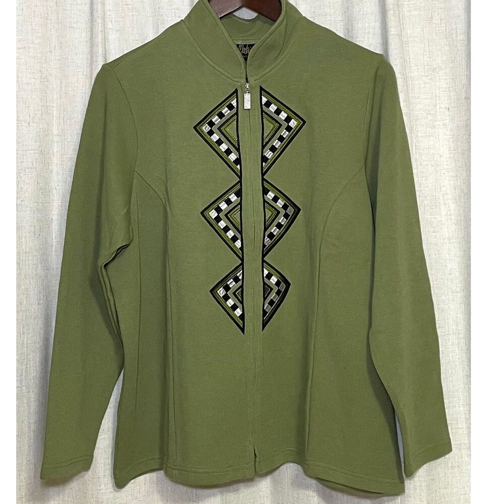 Bob Mackie Wearable Art 1X Green Embroidered Zip Jacket NWT